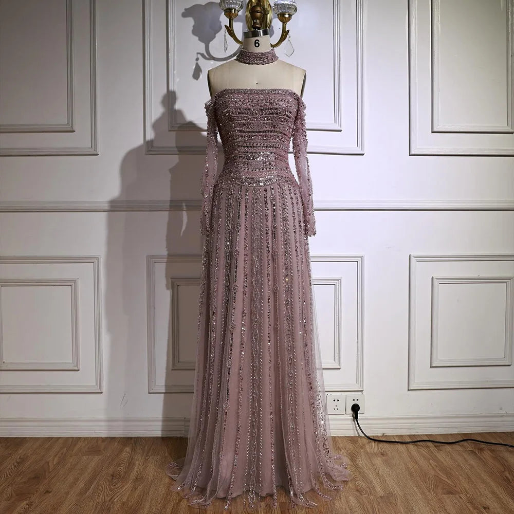 Luxury Caramel Off Shoulder Beaded Mermaid Evening Dress Long Sleeves CLA73053