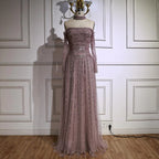Luxury Caramel Off Shoulder Beaded Mermaid Evening Dress Long Sleeves CLA73053