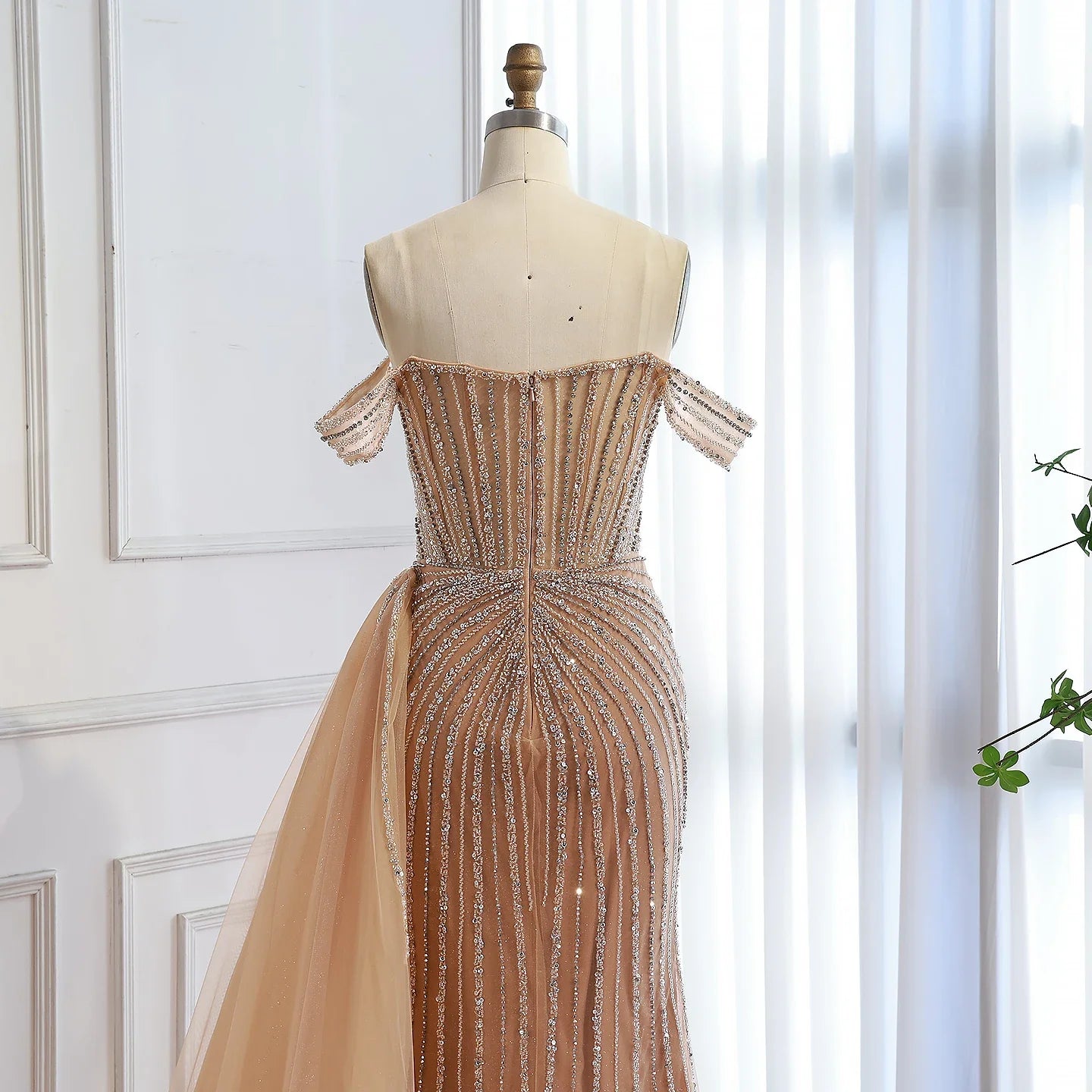 Luxury Nude Off Shoulder Beaded Mermaid Gown with Overskirt LA73139