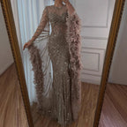 Luxury Modest Pink Feathers Long Cape Sleeves Mermaid Evening Dress CLA72708A