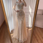 Luxury Nude Beaded Mermaid Evening Dress With Overskirt CLA73190