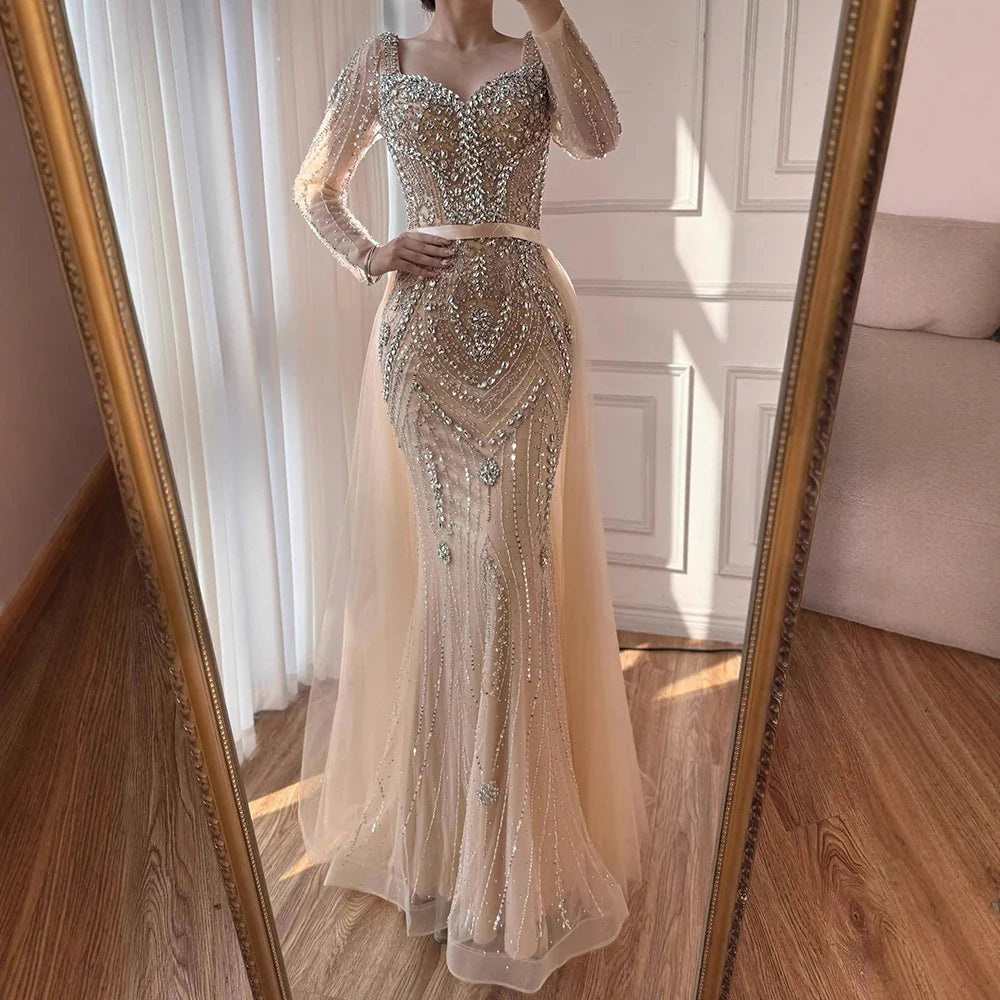 Luxury Nude Beaded Mermaid Evening Dress With Overskirt CLA73190