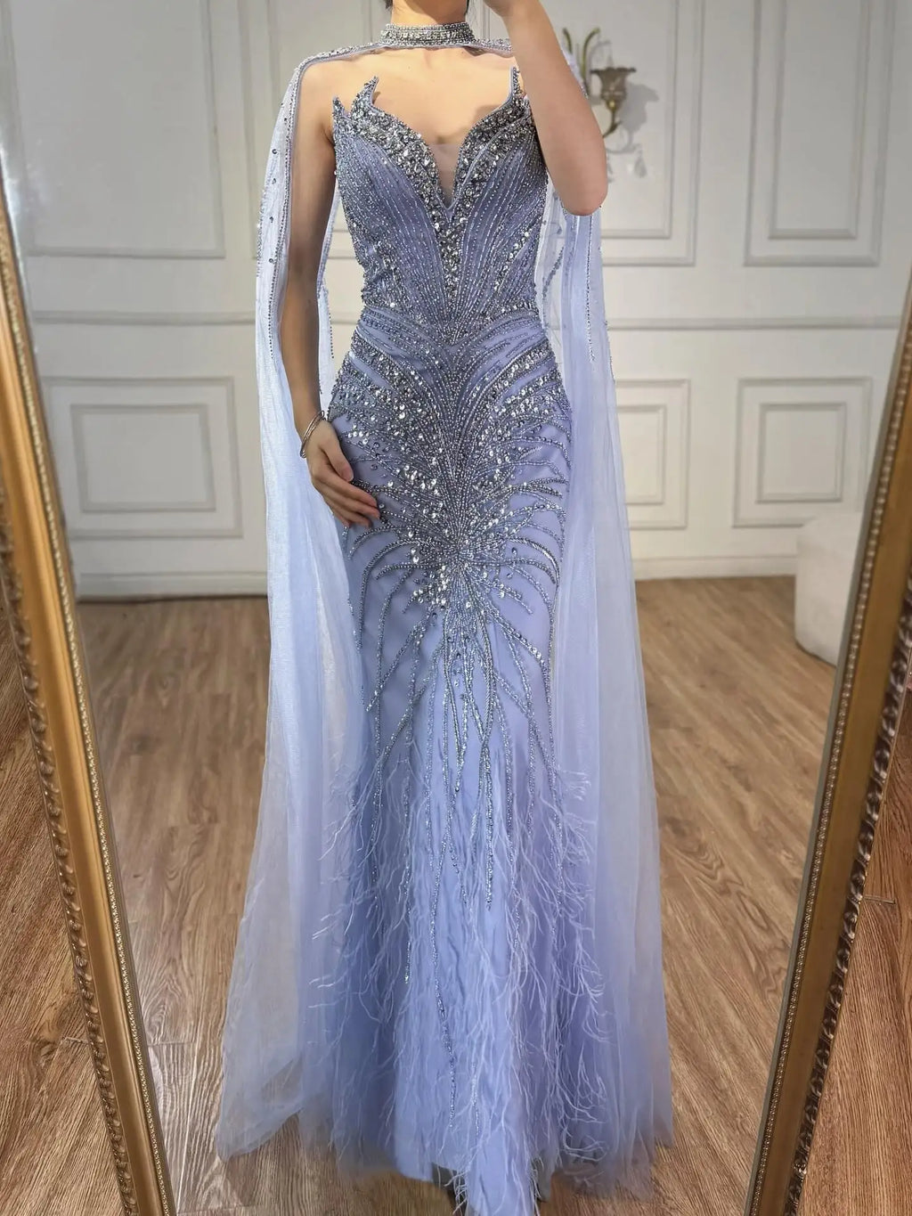 Luxury Beaded Feathers Evening Dress Mermaid With Cape Gown For Formal Occasion CLA72882