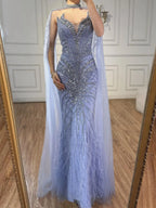 Luxury Beaded Feathers Evening Dress Mermaid With Cape Gown For Formal Occasion CLA72882
