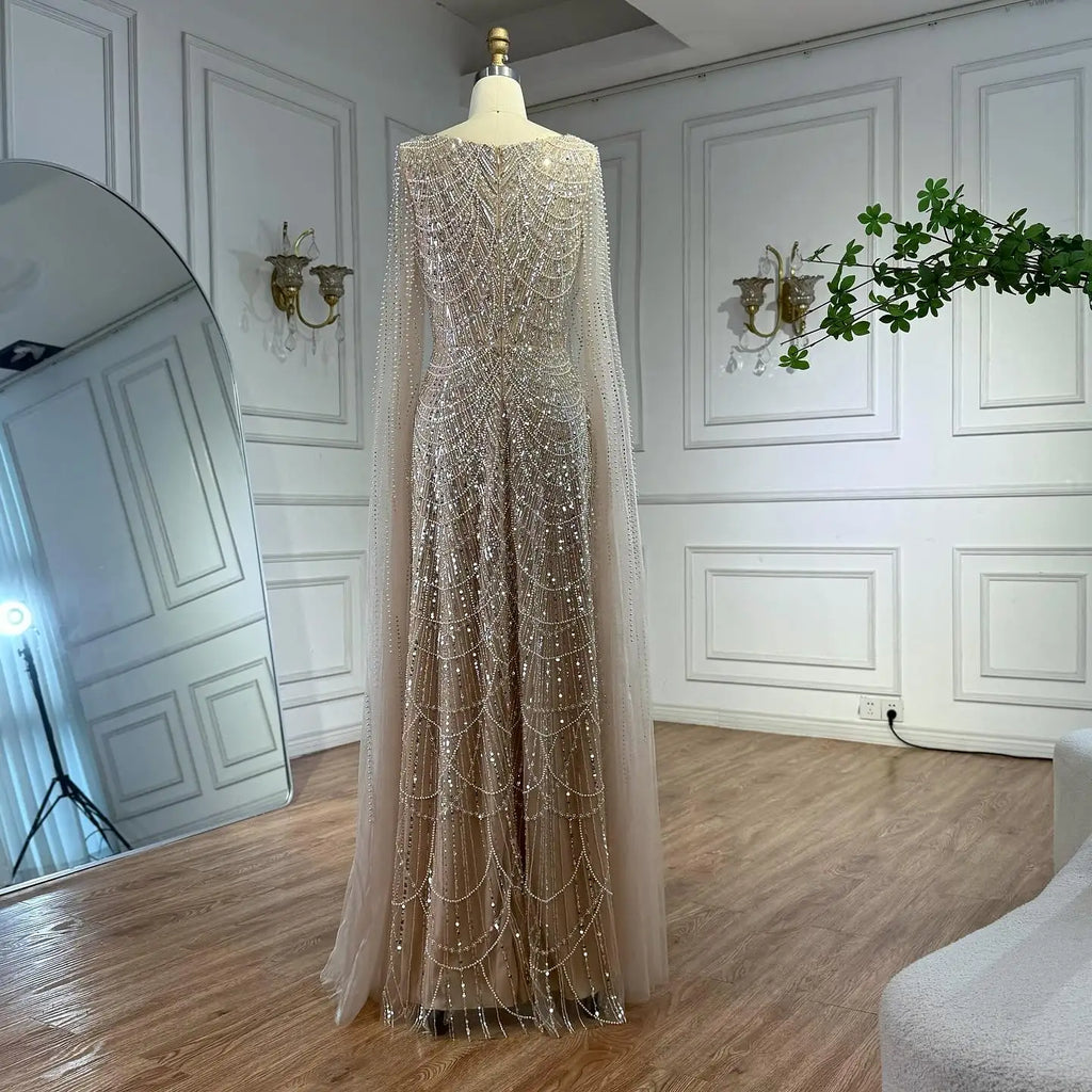 Arabic Simple Style Beaded A-Line With Cape Sleeves Square Neck Evening Dress CLA72590B