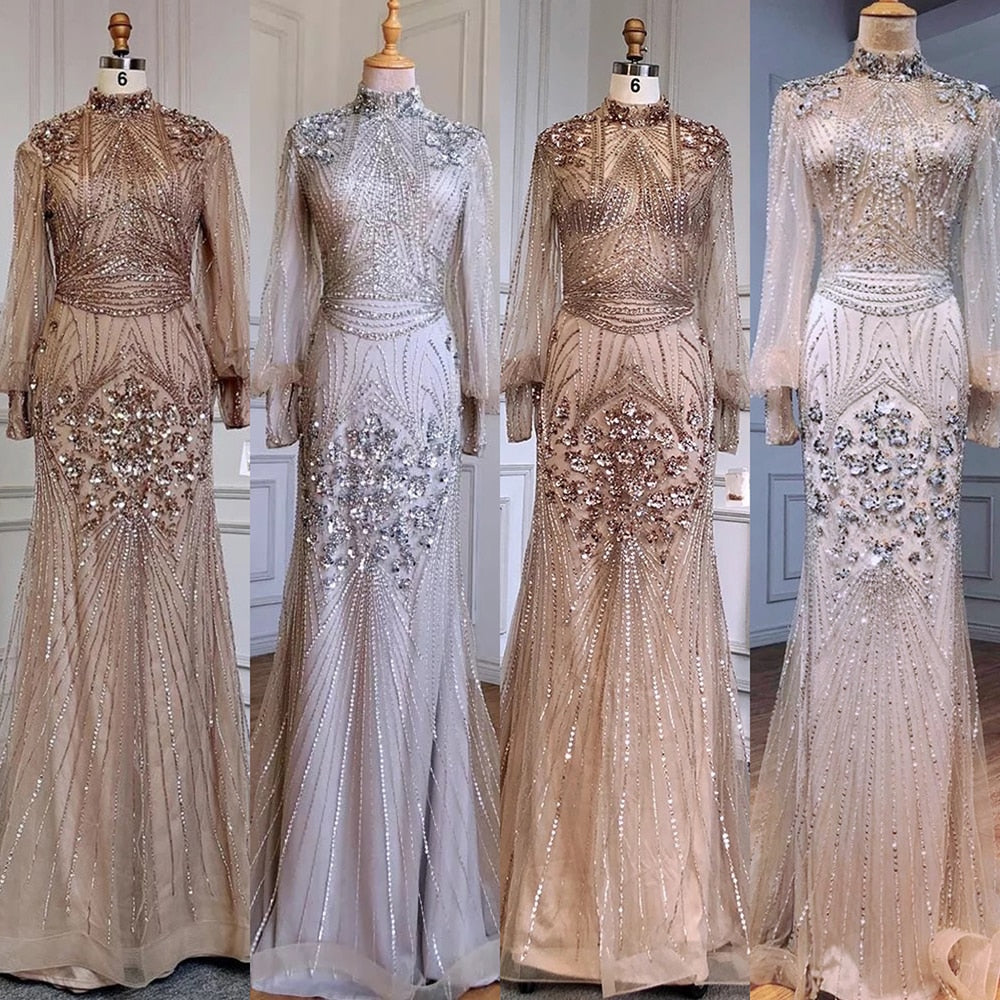 Silver Mermaid Luxury Beaded Evening Dress Modest Full Sleeves LA71036