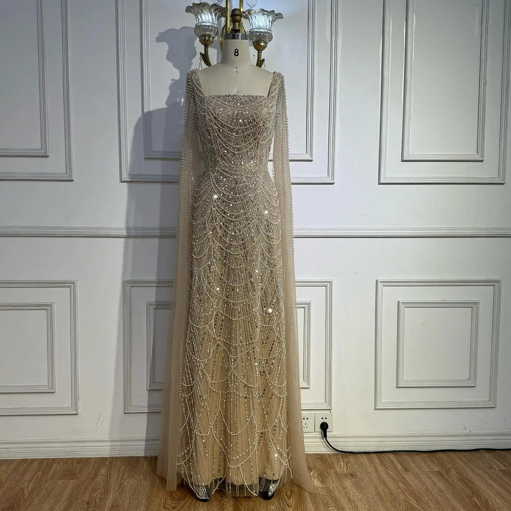 Arabic Simple Style Beaded A-Line With Cape Sleeves Square Neck Evening Dress CLA72590B
