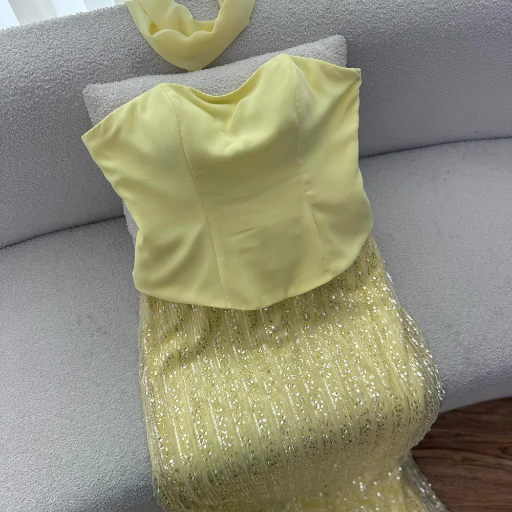 Simple Yellow Mermaid Evening Dress With Shawl CLA73007