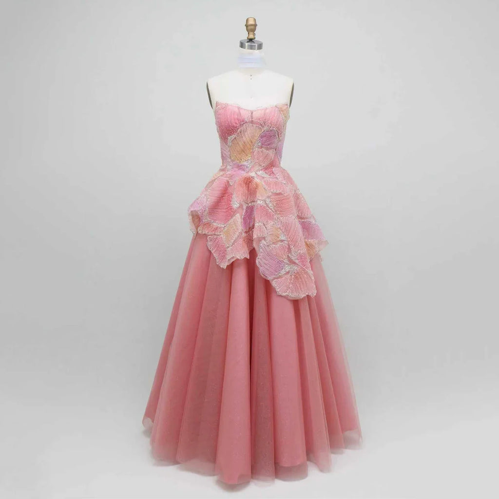 Luxury Peach Floral Appliqué A-Line Sparkly Evening Dress LA73185