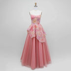 Luxury Peach Floral Appliqué A-Line Sparkly Evening Dress LA73185
