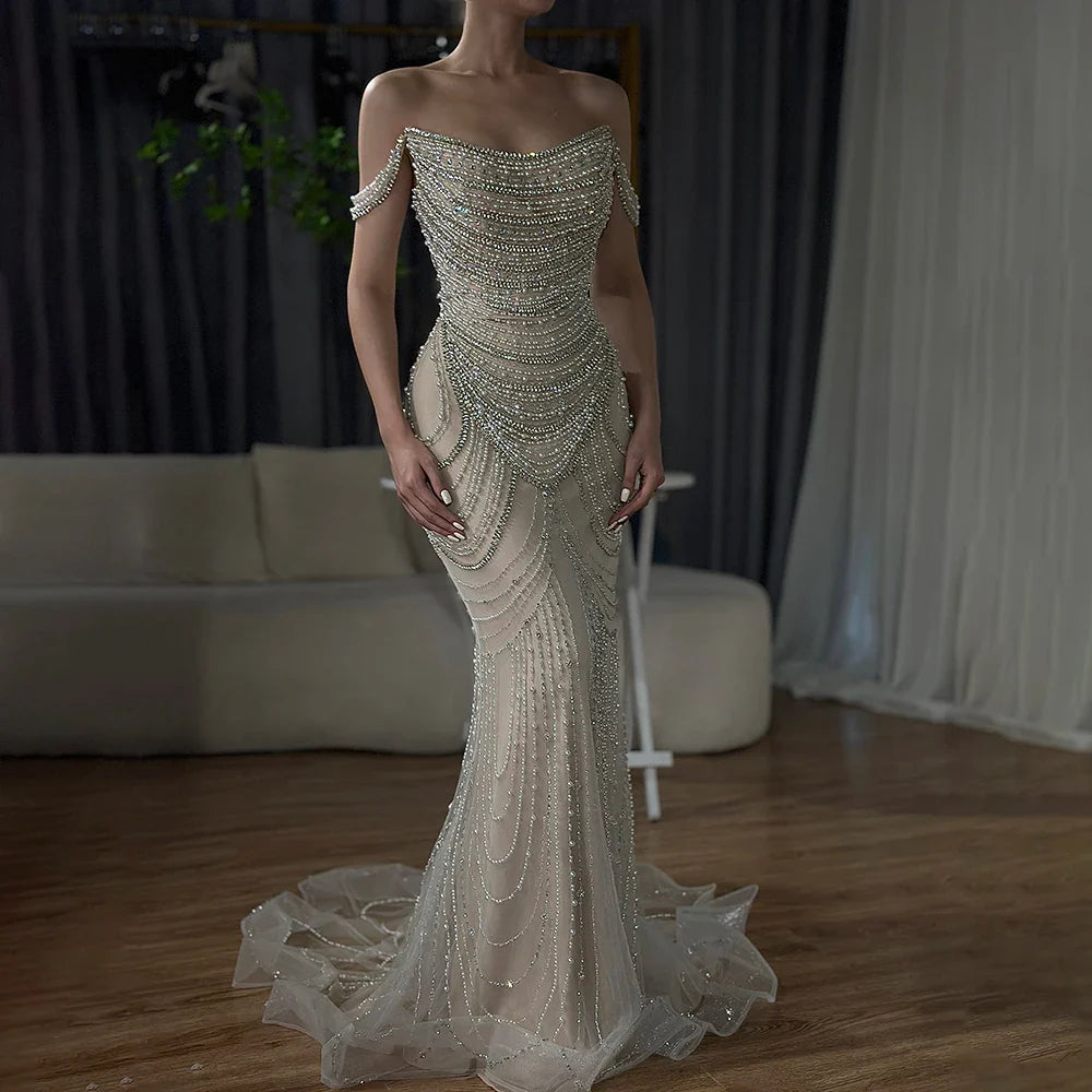Kosovo Luxury Pearls Beaded Mermaid Off Shoulder Elegant Evening Dress CLA72253