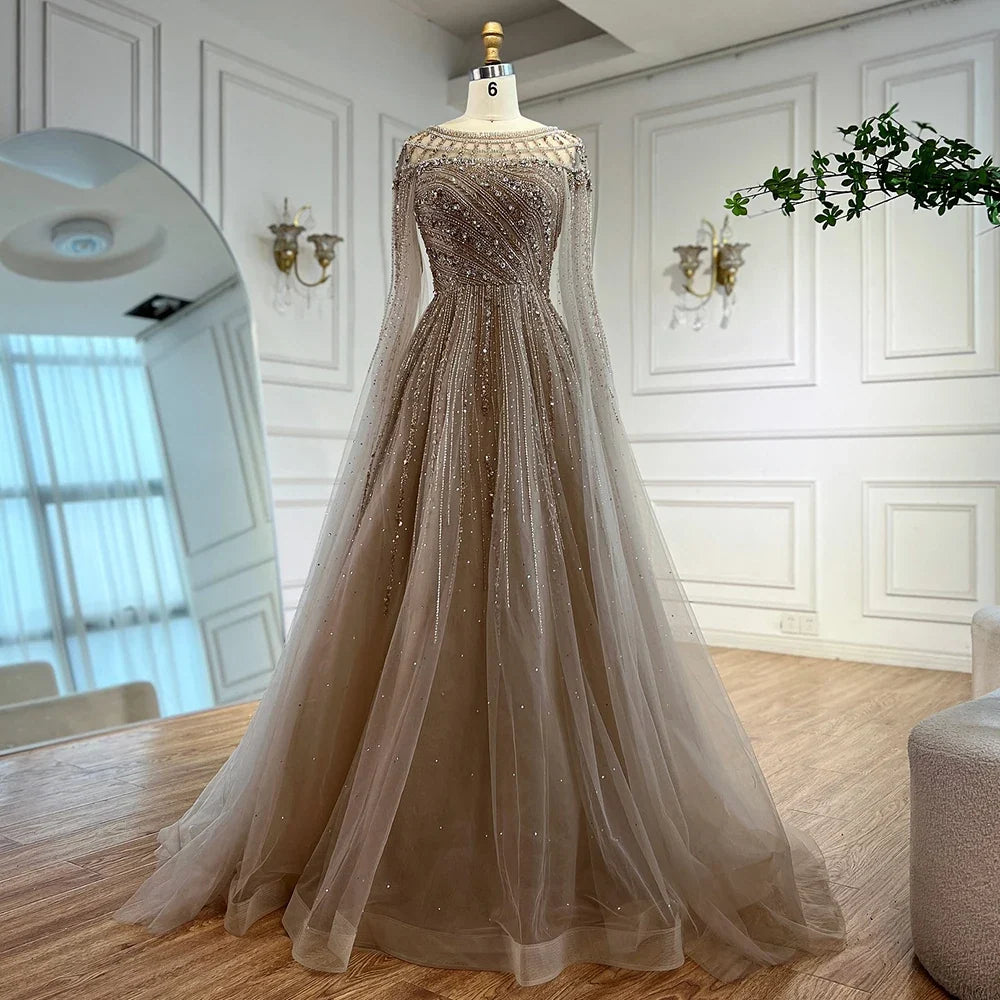 Luxury Beaded A-Line Cape Sleeves Round Neck Modest Evening Dress CLA72994