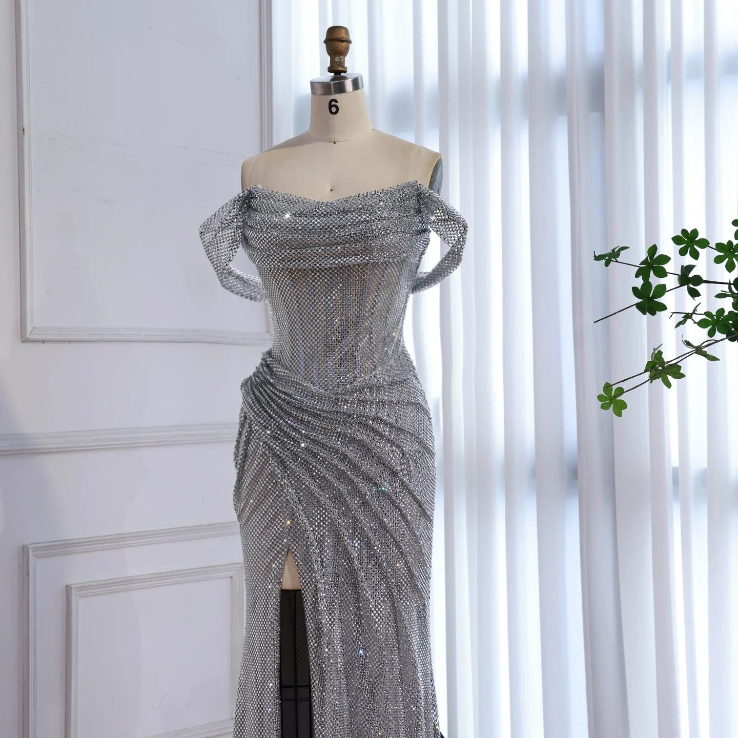 Kosovo Luxury Silver Diamonds Off Shoulder With Slit Mermaid Evening Dress CLA73410