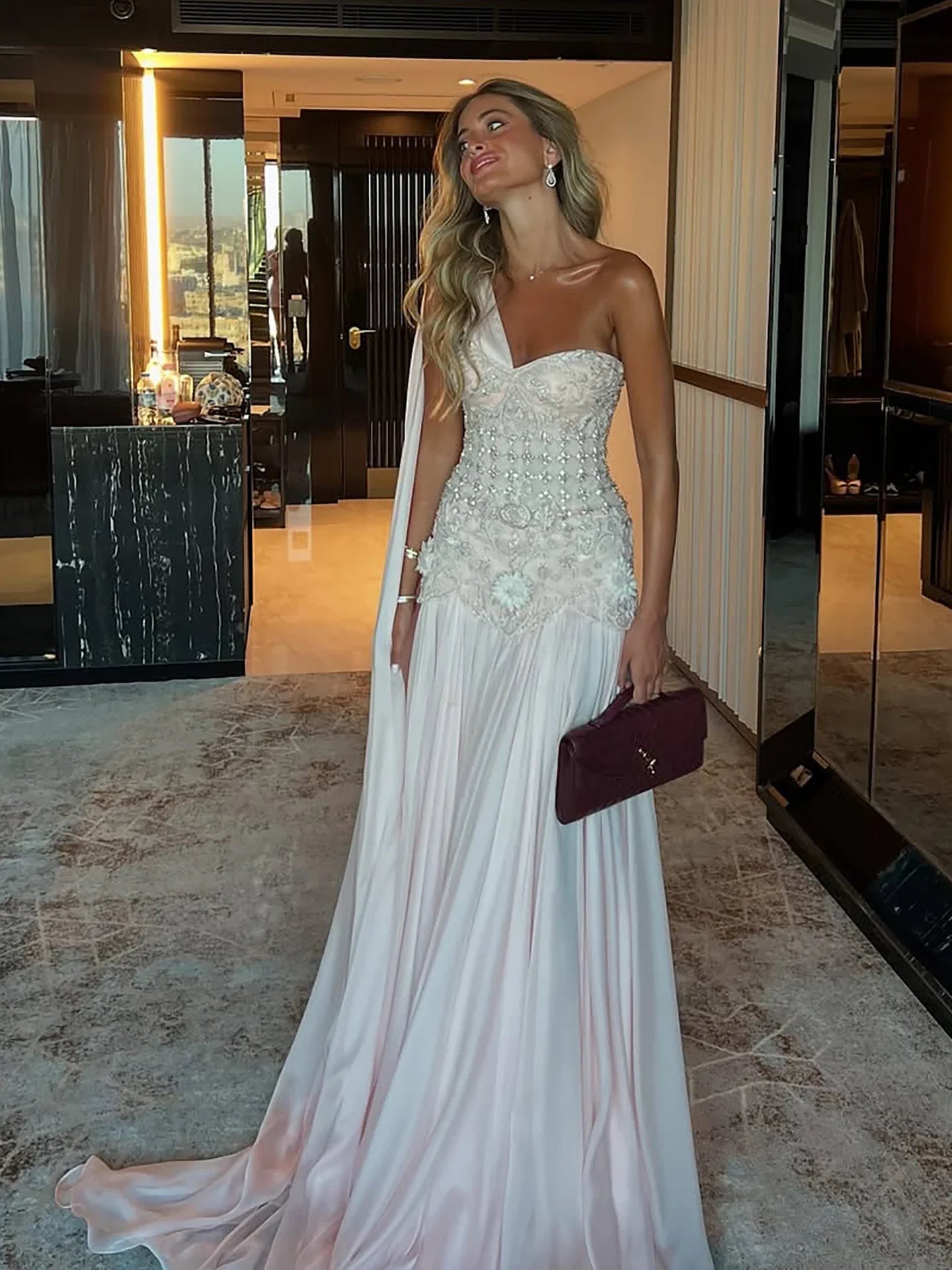 Arabic Pink Simple Style Chiffon Evening Dress CLA73451