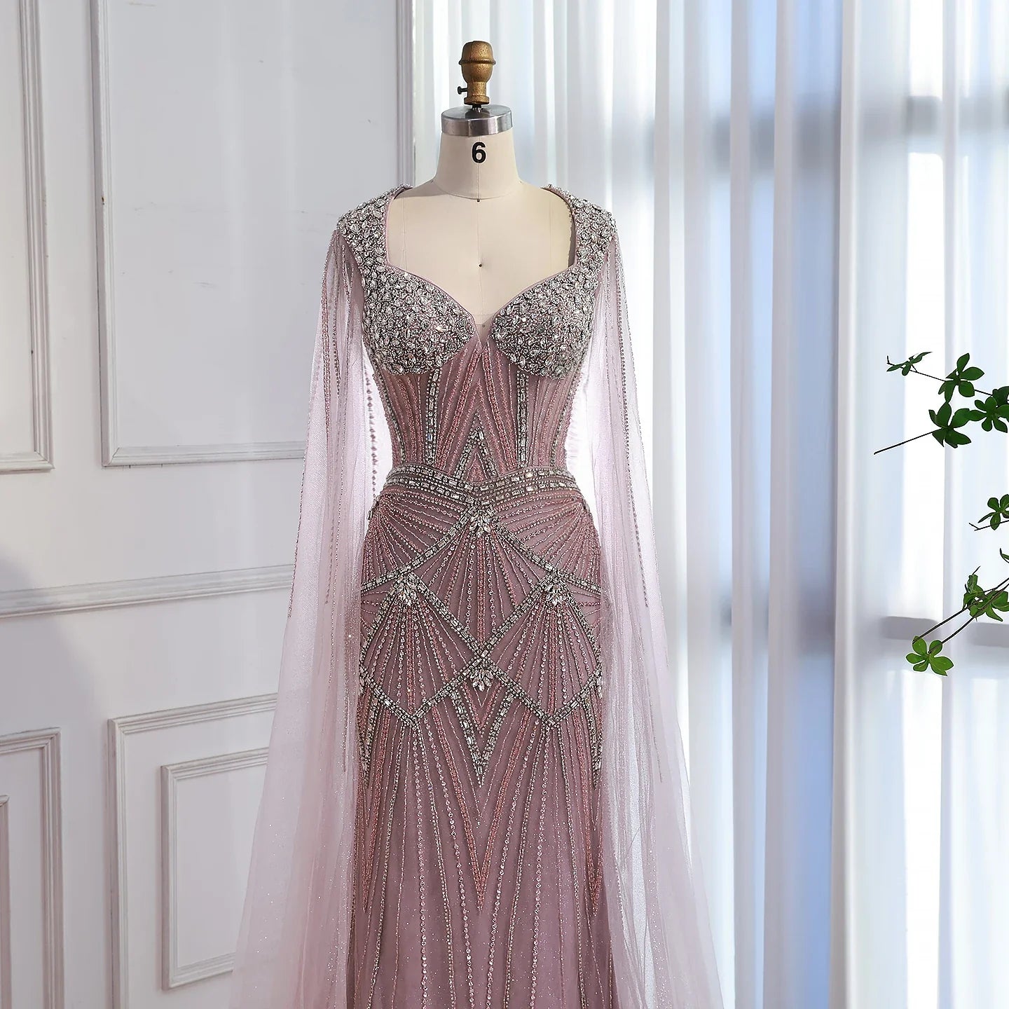 Luxury Dubai Pink Beaded Evening Dress With Cape CLA73329