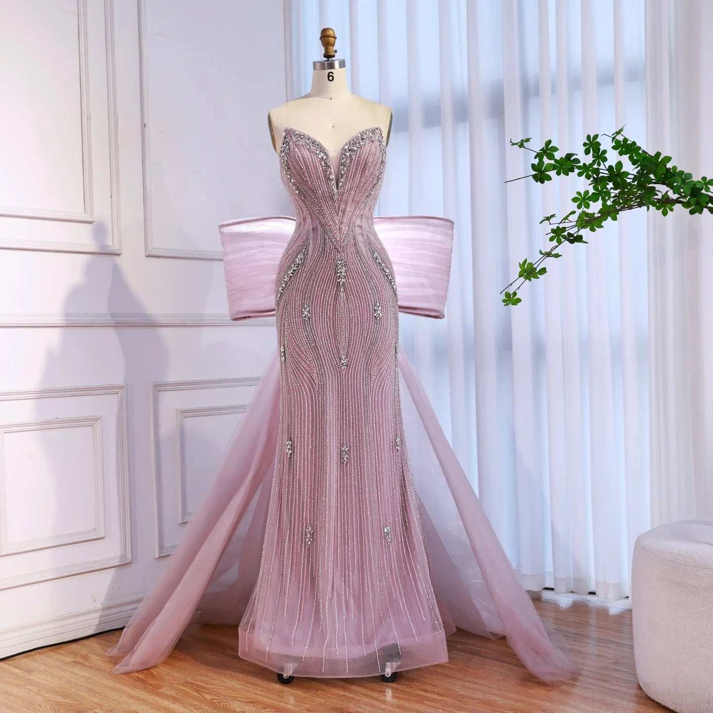 Luxury Beaded Pink Mermaid Evening Dress With Big Bow CLA73061