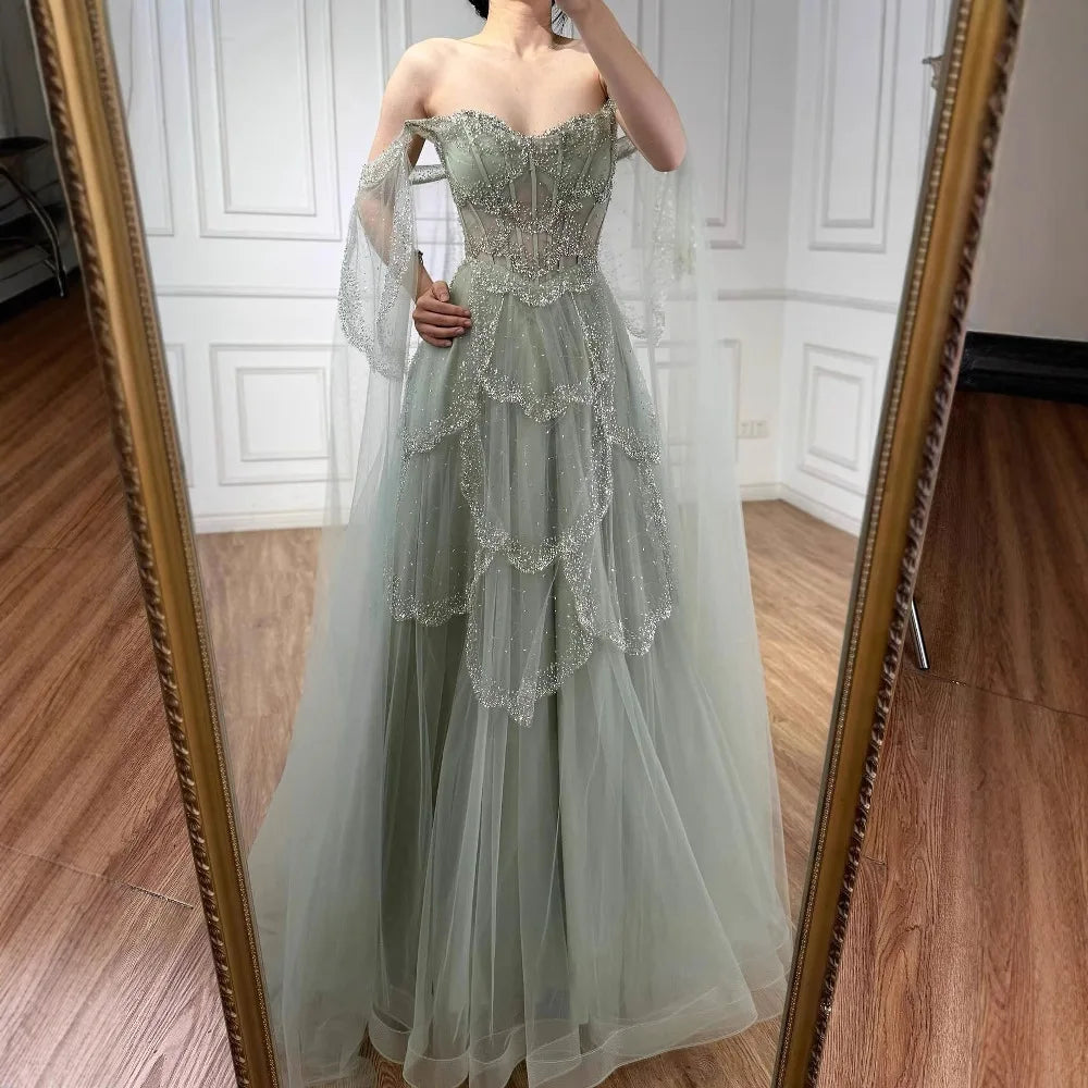 Luxury Arabic Sage Green Beaded A-Line Evening Dress with Cape CLA72605A