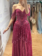 Lebanon Luxury Fuchsia Beaded A-Line Evening Dress With Tassels CLA73594