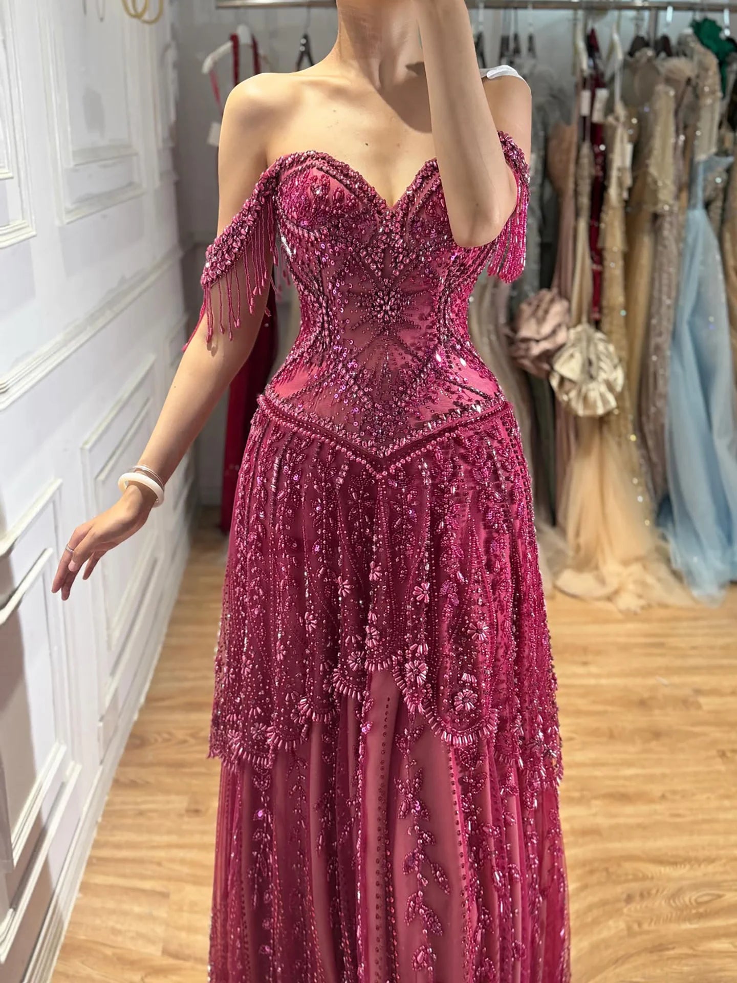Lebanon Luxury Fuchsia Beaded A-Line Evening Dress With Tassels CLA73594