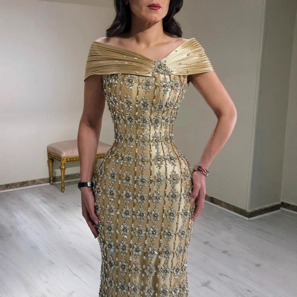 Arabic Luxury Gold Beaded Mermaid Evening Dress CLA73362