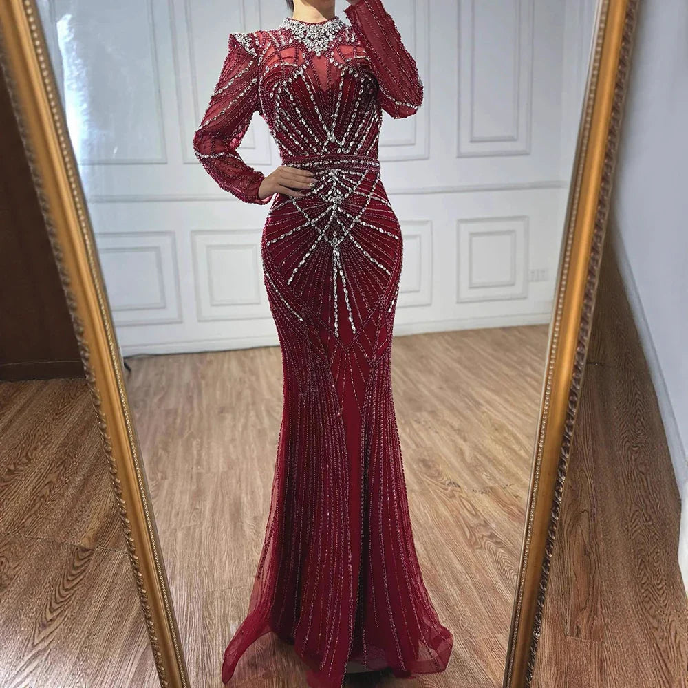 Modest Caramel High Collar Evening Dress For Women Wedding Party CLA73203