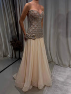 Kosovo Luxury Beaded Bow Decoration Nude A-Line With Choker Party Dress Strapless Women Evening Gown CLA73361