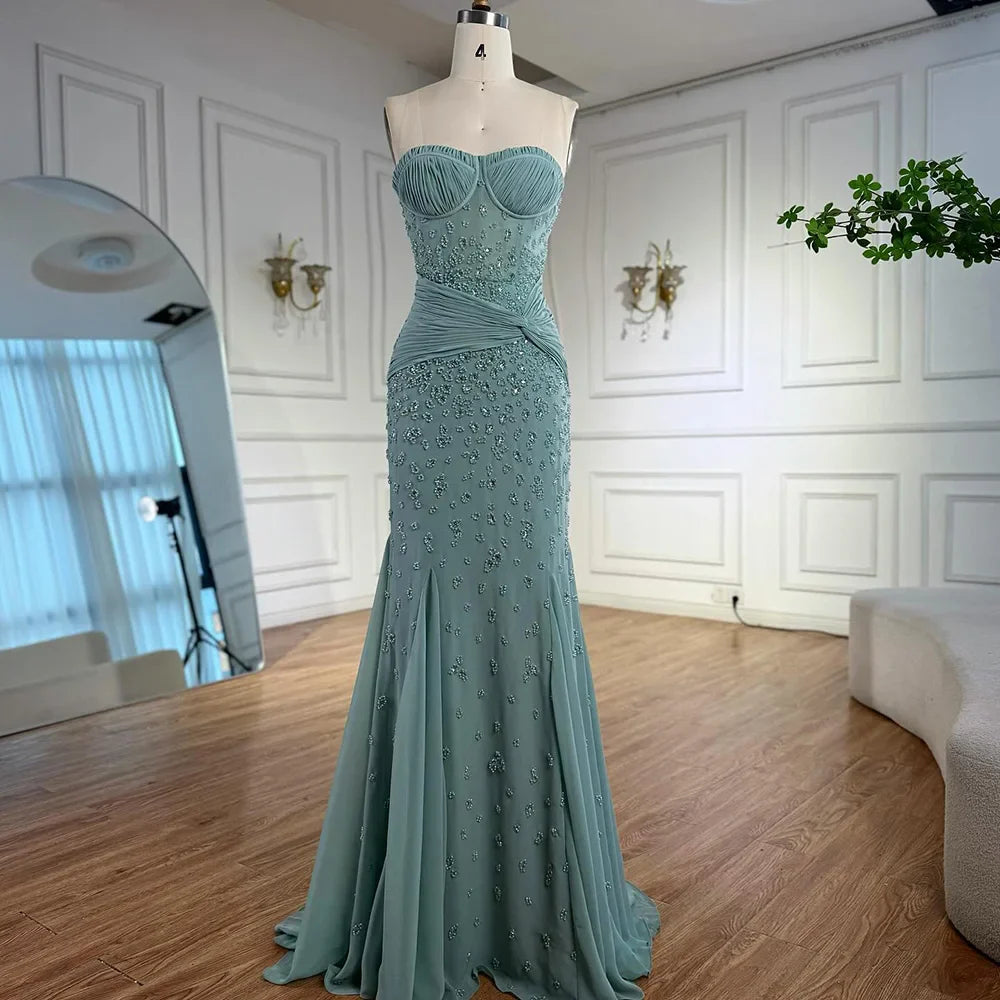 Luxury Turquoise Beaded Evening Dress With Gloves CLA72933