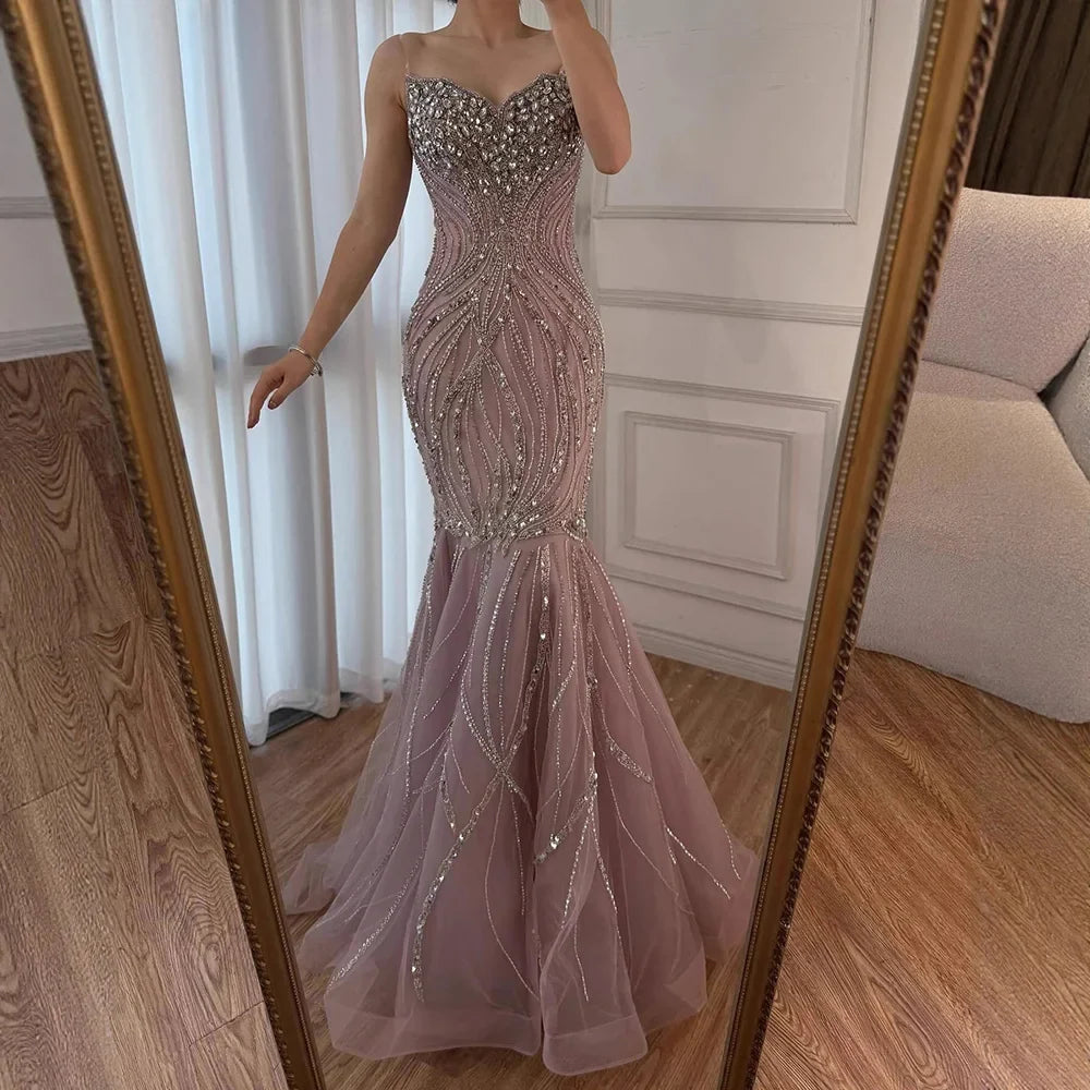 Arabic Luxury Beaded Mermaid Strapless Evening Dress CLA73124