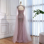 Luxury Dubai Pink Beaded Evening Dress With Cape CLA73329