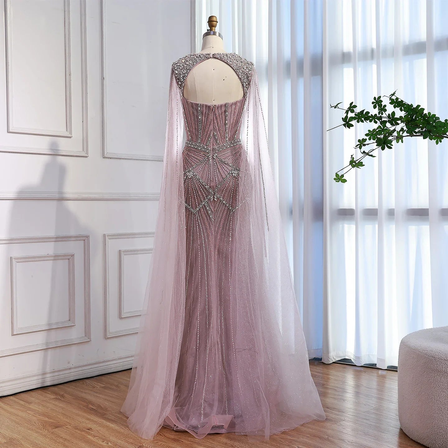 Luxury Dubai Pink Beaded Evening Dress With Cape CLA73329