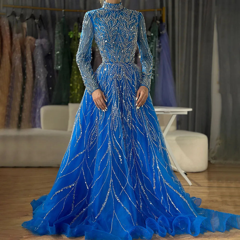 Muslim Formal Blue A-Line Beaded Evening Dress CLA72302A