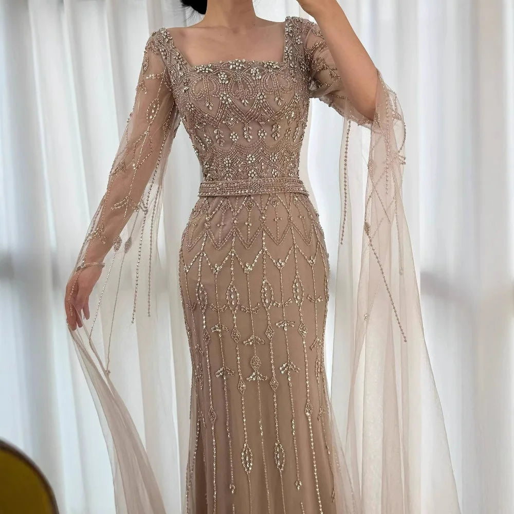 Luxury Arabic Caramel Beaded Evening Dress With Cape Sleeves CLA72966A