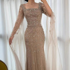 Luxury Arabic Caramel Beaded Evening Dress With Cape Sleeves CLA72966A
