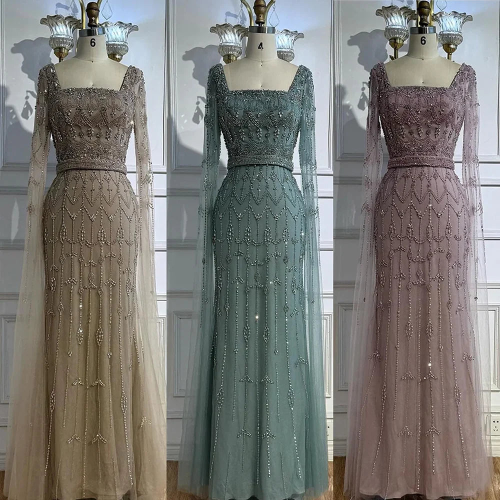 Luxury Arabic Caramel Beaded Evening Dress With Cape Sleeves CLA72966A