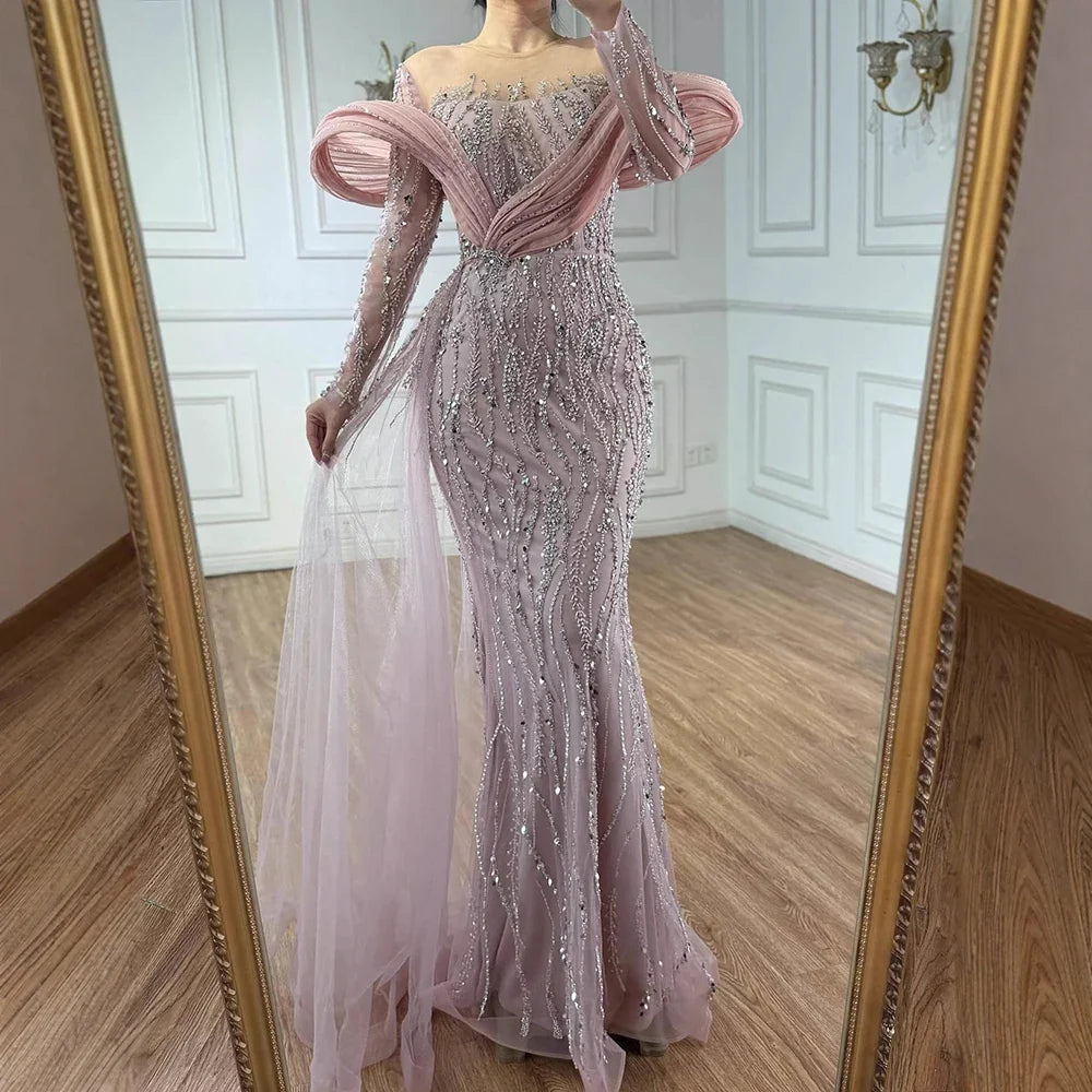 Arabic Luxury Elegant Sage Green Beaded Long Sleeves Evening Dress CLA72928