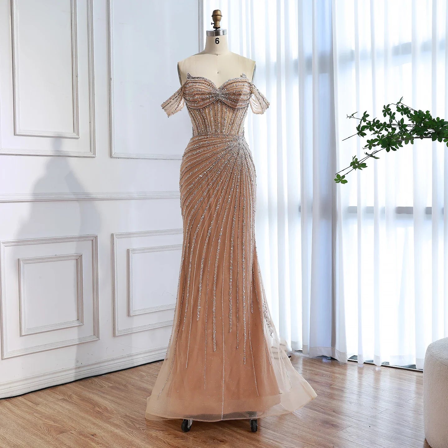 Luxury Nude Off Shoulder Beaded Mermaid Gown with Overskirt LA73139