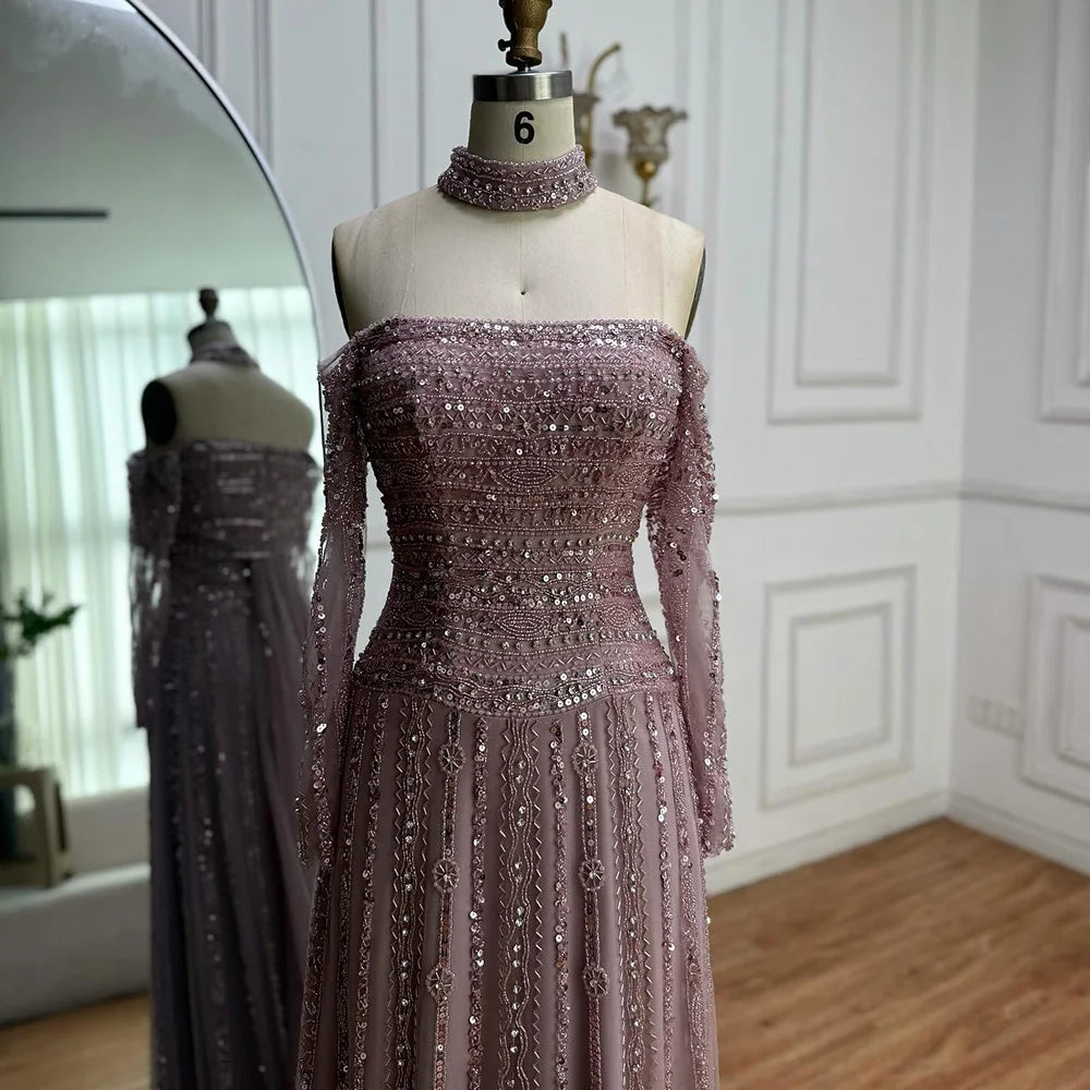 Luxury Caramel Off Shoulder Beaded Mermaid Evening Dress Long Sleeves CLA73053