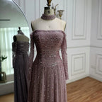 Luxury Caramel Off Shoulder Beaded Mermaid Evening Dress Long Sleeves CLA73053