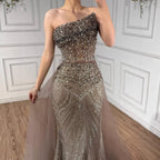 Luxury Olive Green Beaded Mermaid Evening Dress With Overskirt CLA73164A