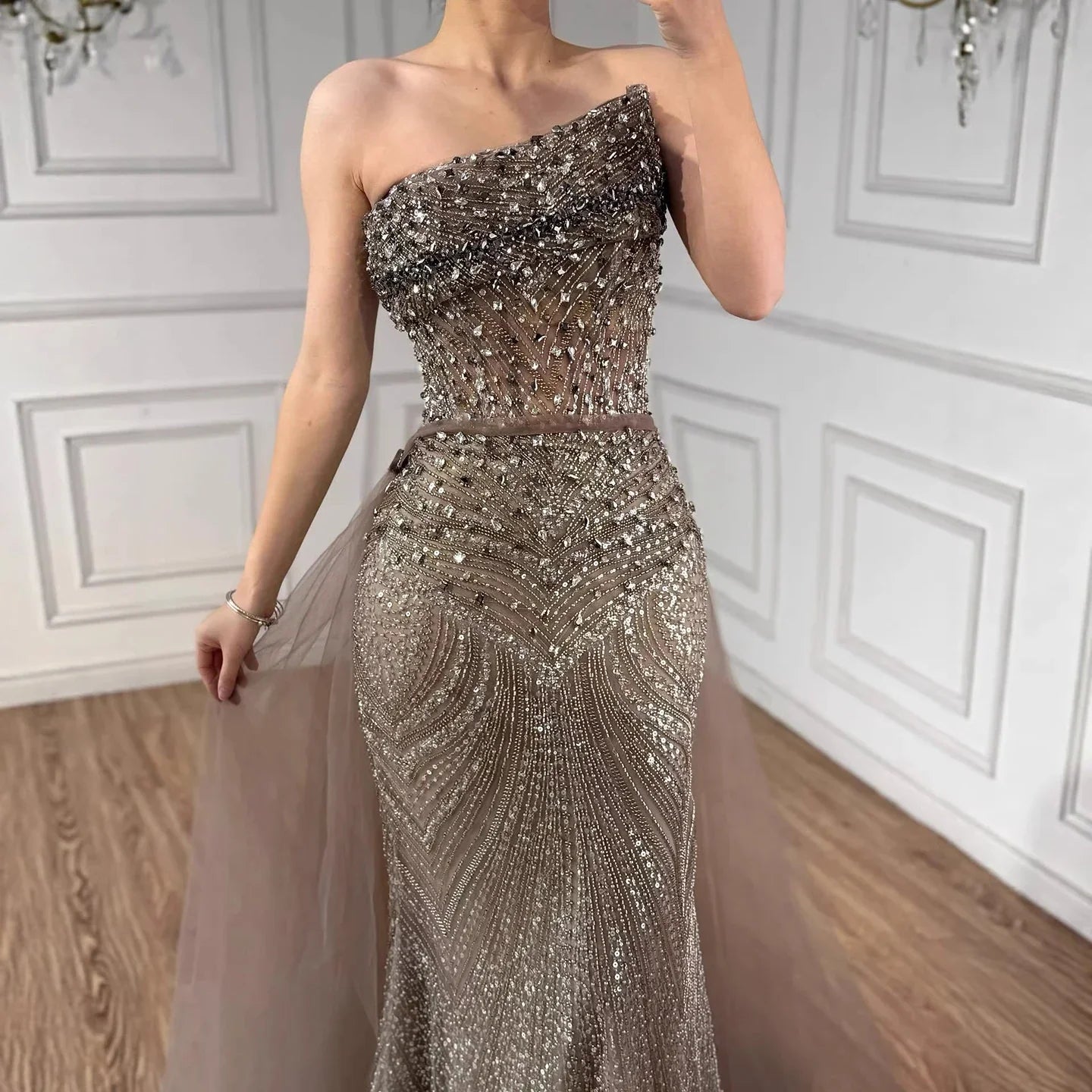 Luxury Olive Green Beaded Mermaid Evening Dress With Overskirt CLA73164A