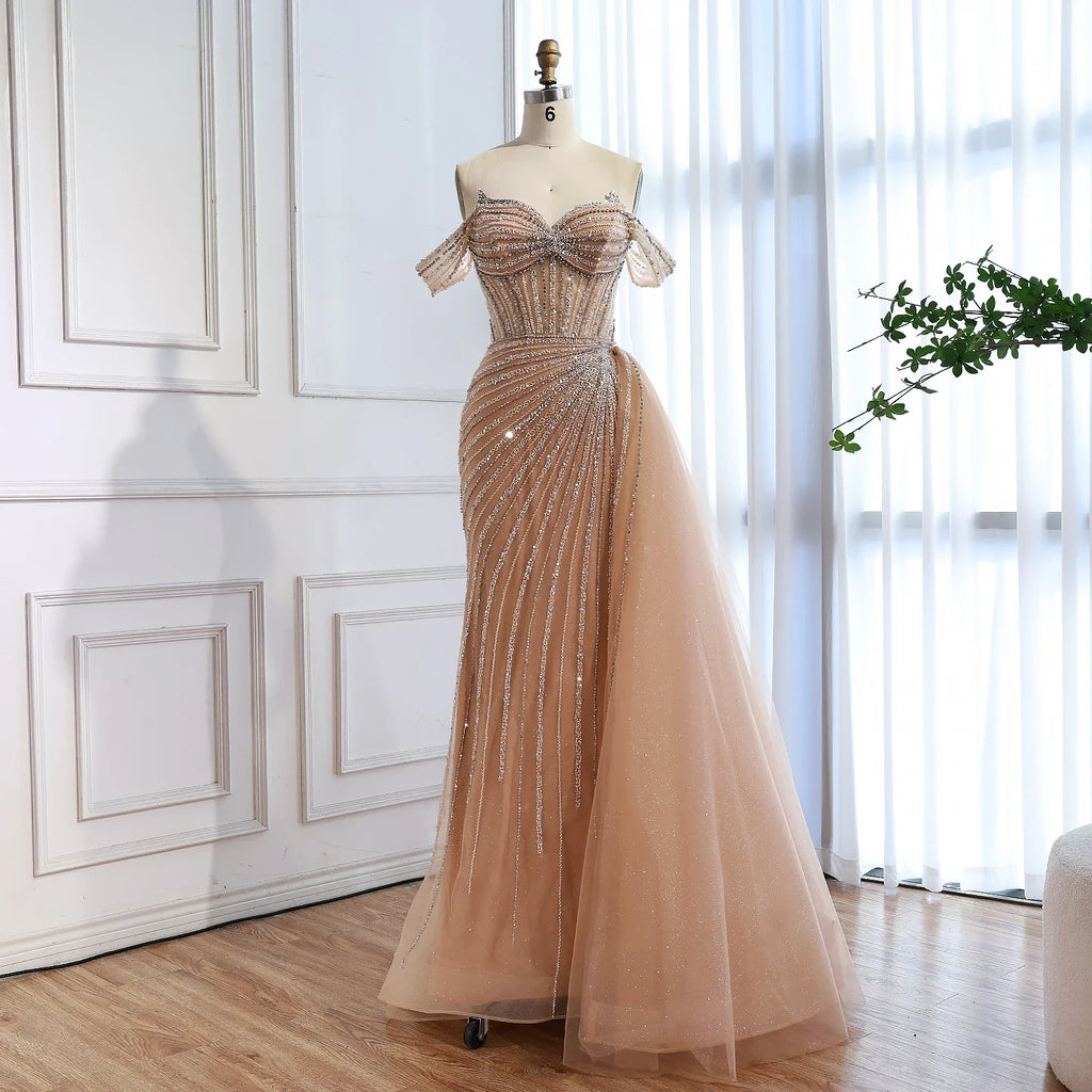 Luxury Nude Off Shoulder Beaded Mermaid Gown with Overskirt LA73139