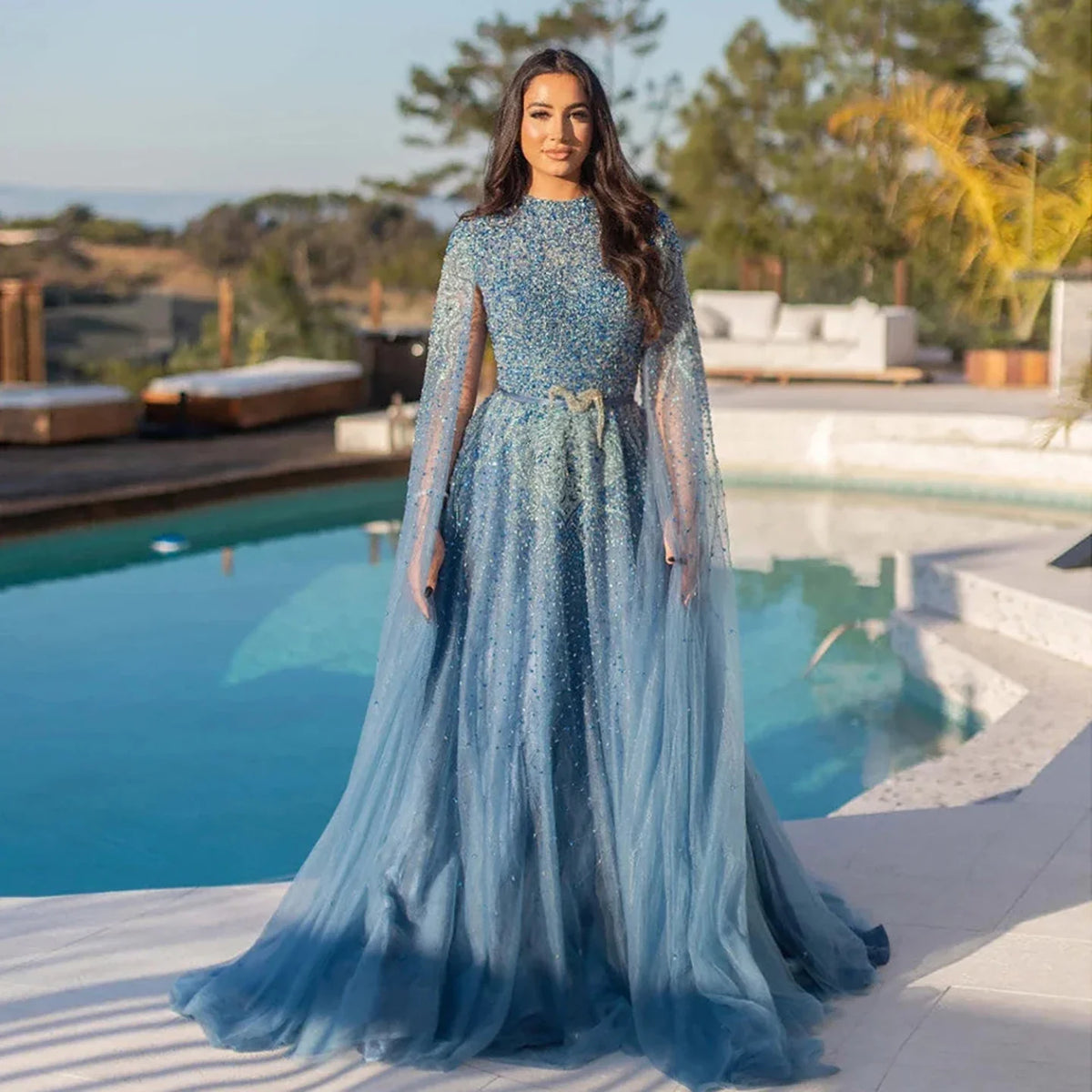 Arabic Luxury Full Beaded Modest High Neck Cape Sleeves A-Line Evening Dress CLA70066B
