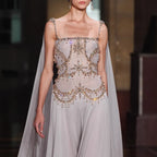 Luxury Silver Chiffon Cape Evening Dress with Beaded Bodice LA73123