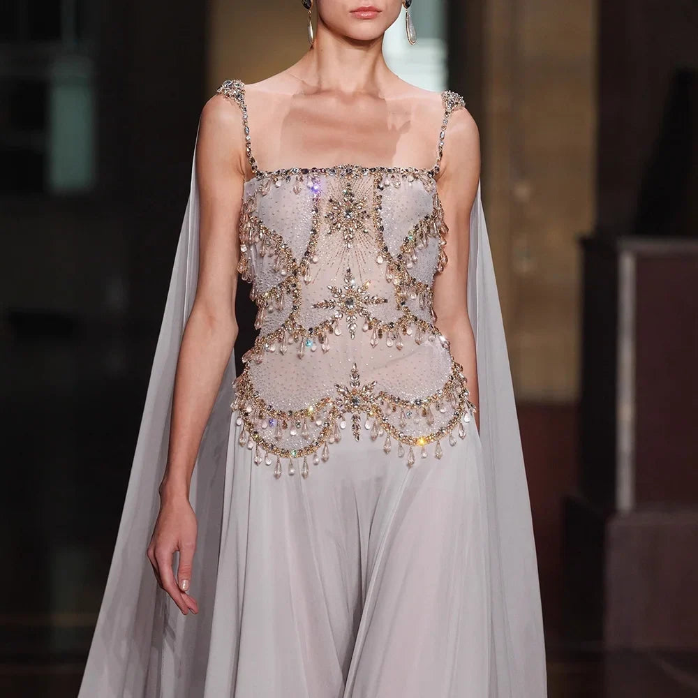 Luxury Silver Chiffon Cape Evening Dress with Beaded Bodice LA73123