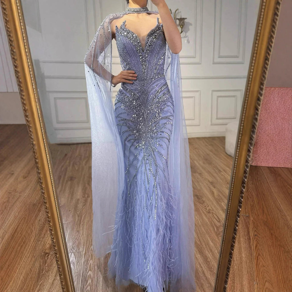 Luxury Beaded Feathers Evening Dress Mermaid With Cape Gown For Formal Occasion CLA72882