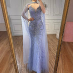 Luxury Beaded Feathers Evening Dress Mermaid With Cape Gown For Formal Occasion CLA72882