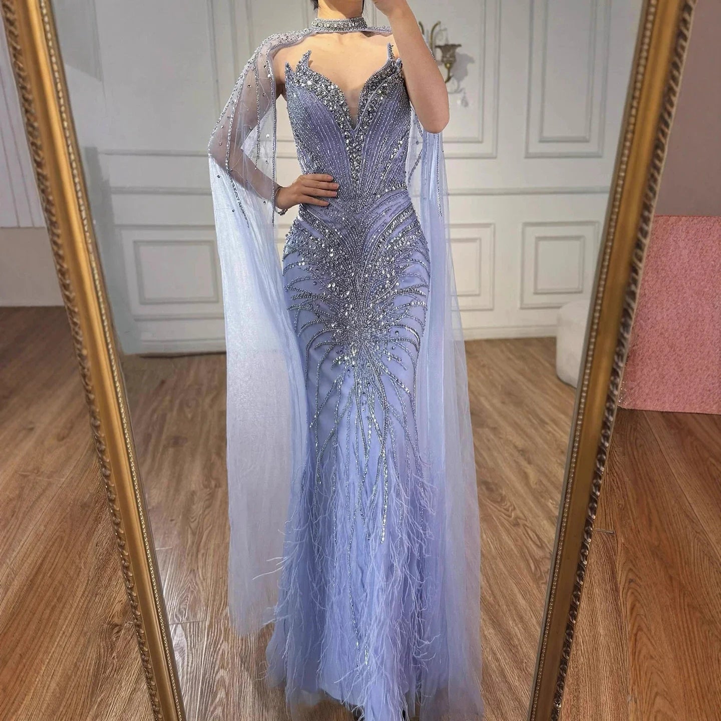 Luxury Beaded Feathers Evening Dress Mermaid With Cape Gown For Formal Occasion CLA72882