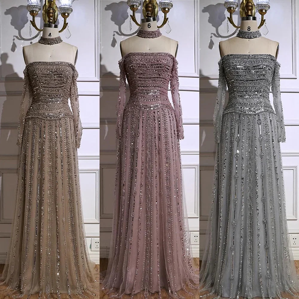 Luxury Caramel Off Shoulder Beaded Mermaid Evening Dress Long Sleeves CLA73053