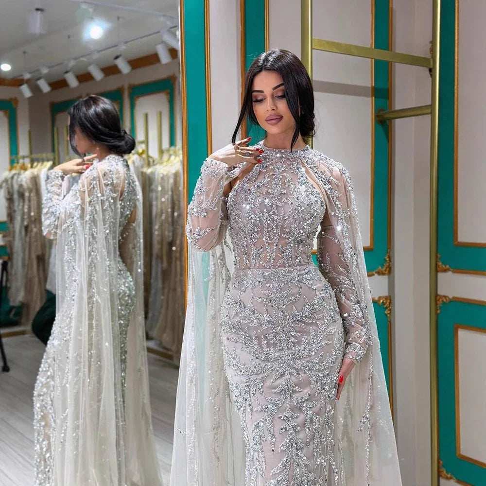Arabic Luxury Beaded Mermaid Evening Dress Cape Sleeves For Women Wedding Party CLA72652