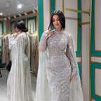Arabic Luxury Beaded Mermaid Evening Dress Cape Sleeves For Women Wedding Party CLA72652